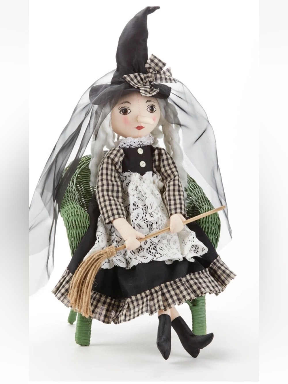 Witch Doll w Broom Black / White w Lace Delton NWT